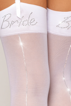 Sheer stockings with rhinestone seam and 'Bride' detailing