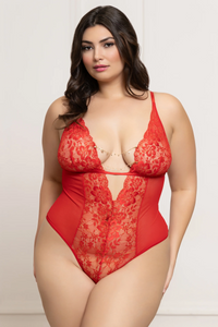 Sexy red lace bodysuit with chains