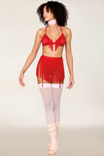 Red fringe bra set with garter belt