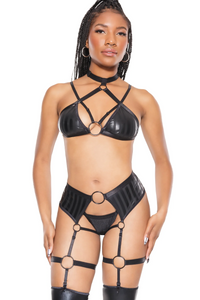 Wet look strappy halter top and crotchless garter panty
