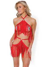 Hot red fringe top and skirt harness