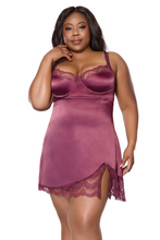 Sexy Plum Lace Stretch Satin Side Slit Chemise Plus Size