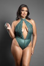 Spicy Keyhole halter bodysuit with zipper detail and detachable chain-link leash