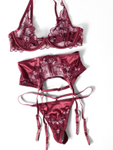 Zinfandel Floral Embroidered Bra, Garter Belt & Thong Set