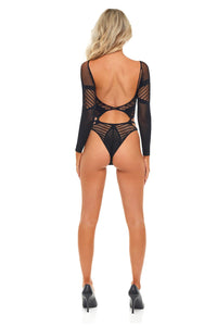 Sexy fishnet long sleeves black bodysuit