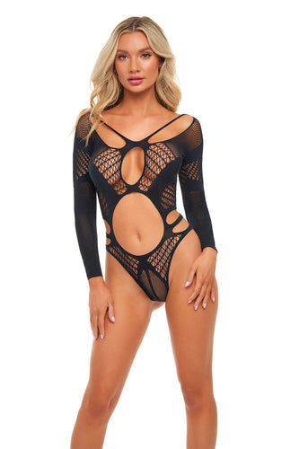 Sexy fishnet long sleeves black bodysuit