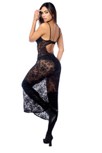 Sensual maxi gown with lace and wet look details