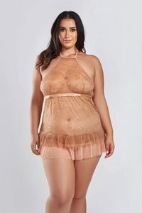 Amber lace skirted babydoll with halter neck