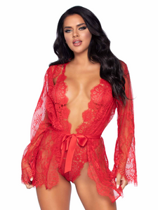 Floral lace bodysuit with a matching robe