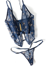Navy Blue Floral Embroidered Merry Widow & G-String Set