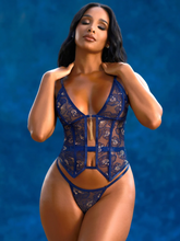 Navy Blue Floral Embroidered Merry Widow & G-String Set