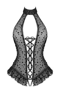 Sexy black crotchless bodysuit with polka dot pattern
