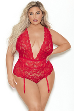 Red lace fliral bodysuit with deep V neckline