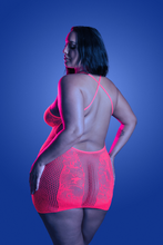 Glow in the Dark Neon Pink Floral Knit & Fishnet Halter Dress