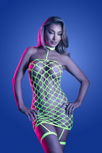 Glow in the Dark & UV Reactive Neon Green Rhinestone Fence Net Garter Dress