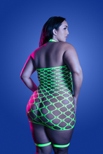 Glow in the Dark & UV Reactive Neon Green Rhinestone Fence Net Garter Dress