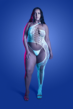 Glow in the Dark White Floral Knit Asymmetrical Bodystocking & Panty