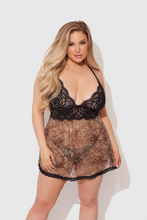 Seductive leopard decorated babydoll set with black lace