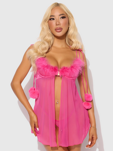 Hot Pink Marabou Babydoll & G-String Set