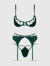Luxurious Emerald Satin & Chain Push Up Bra, Thigh Garter Belt & G-String