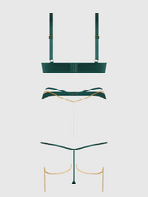 Luxurious Emerald Satin & Chain Push Up Bra, Thigh Garter Belt & G-String