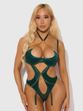 A dangerously sexy Emerald Satin & Chain Halter Bodysuit