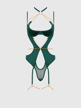 A dangerously sexy Emerald Satin & Chain Halter Bodysuit