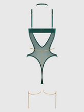 A dangerously sexy Emerald Satin & Chain Halter Bodysuit