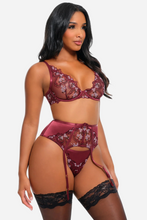 Zinfandel Floral Embroidered Bra, Garter Belt & Thong Set