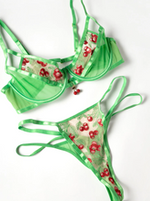 Alluring green Cherry Embroidered 2-piece lingerie set