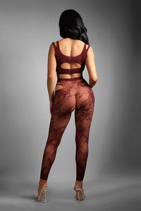 Sexy Burgundy Cutout Lace Net Top with Rhinestone Accent and Footless Open Crotch Tights