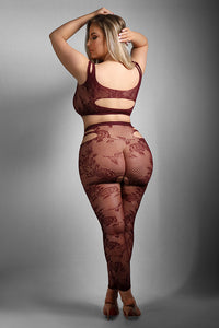 Sexy Burgundy Cutout Lace Net Top with Rhinestone Accent and Footless Open Crotch Tights