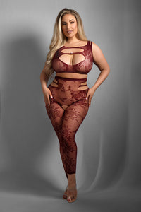 Sexy Burgundy Cutout Lace Net Top with Rhinestone Accent and Footless Open Crotch Tights