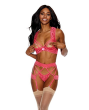 Coral Halter Cutout Lace Bra, Garterbelt & Panty