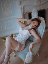 Elegant White Brocade Corset with Satin Trim & Lace-Up Back