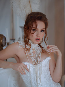 Elegant White Brocade Corset with Satin Trim & Lace-Up Back