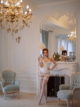Elegant White Brocade Corset with Satin Trim & Lace-Up Back