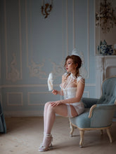 Elegant White Brocade Corset with Satin Trim & Lace-Up Back