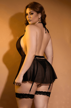 Sexy plus size black lace and mesh halterneck babydoll