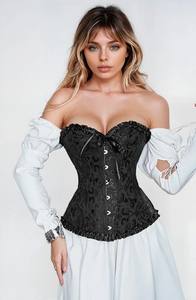 Elegant Black Brocade Corset – Vintage-Inspired Waist Cincher with Satin Trim