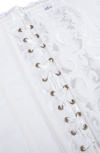 Elegant White Brocade Corset with Satin Trim & Lace-Up Back