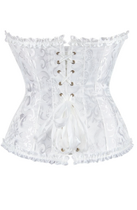 Elegant White Brocade Corset with Satin Trim & Lace-Up Back