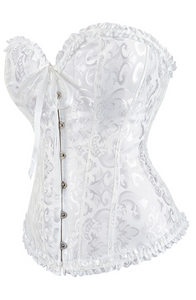 Elegant White Brocade Corset with Satin Trim & Lace-Up Back