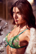 Green Embroidered Bra, Thong & Garter Belt Set