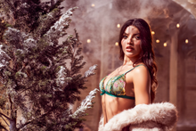 Green Embroidered Bra, Thong & Garter Belt Set
