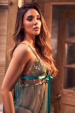 Green Embroidered Sheer Mesh Babydoll & Thong Set