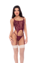 Burgundy Plunge Sheer Lace Teddy with Open Back