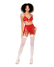 Red fringe bra set with garter belt