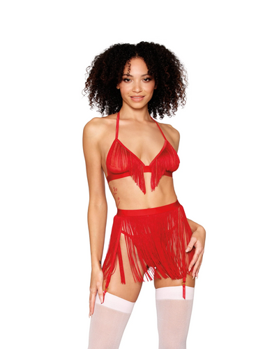 Red fringe bra set with garter belt