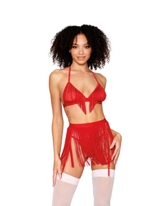 Red fringe bra set with garter belt